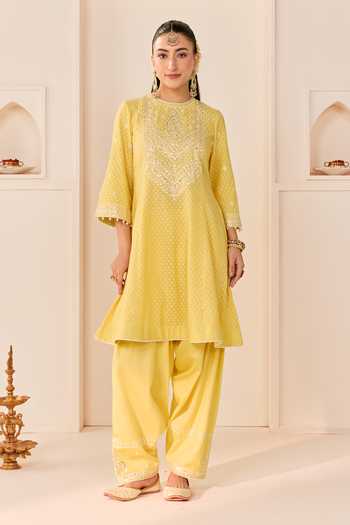 Sheetal Batra Yellow Chanderi Silk, Cotton Round Nida Lemon Short Choga Kurta Salwar Set Online at Aza Fashions Sheetal Batra_Yellow Chanderi Silk, Cotton Round Nida Lemon Short Choga Kurta Salwar Set _Online_at_Aza_Fashions