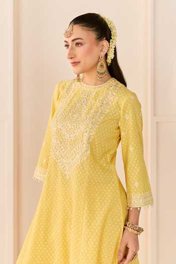 Sheetal Batra Yellow Chanderi Silk, Cotton Round Nida Lemon Short Choga Kurta Salwar Set at Aza Fashions Sheetal Batra_Yellow Chanderi Silk, Cotton Round Nida Lemon Short Choga Kurta Salwar Set _at_Aza_Fashions