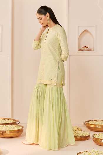 Buy Sheetal Batra Green Chanderi , Cotton, Organza Round Yasneen Woven Kurta Gharara Set Online at Aza Fashions Buy_Sheetal Batra_Green Chanderi , Cotton, Organza Round Yasneen Woven Kurta Gharara Set _Online_at_Aza_Fashions