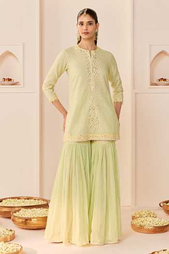 Shop Sheetal Batra Green Chanderi , Cotton, Organza Round Yasneen Woven Kurta Gharara Set Online at Aza Fashions Shop_Sheetal Batra_Green Chanderi , Cotton, Organza Round Yasneen Woven Kurta Gharara Set _Online_at_Aza_Fashions