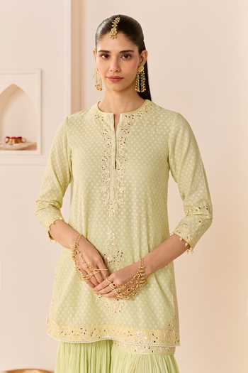 Sheetal Batra Green Chanderi , Cotton, Organza Round Yasneen Woven Kurta Gharara Set at Aza Fashions Sheetal Batra_Green Chanderi , Cotton, Organza Round Yasneen Woven Kurta Gharara Set _at_Aza_Fashions