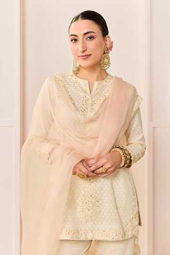 Sheetal Batra_Ivory Chanderi, , Pure Cotton, Organza Yasneen Woven Kurta Gharara Set _Online_at_Aza_Fashions