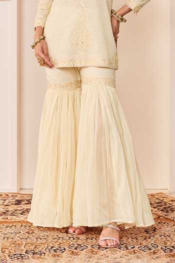 Shop_Sheetal Batra_Ivory Chanderi, , Pure Cotton, Organza Yasneen Woven Kurta Gharara Set _Online_at_Aza_Fashions