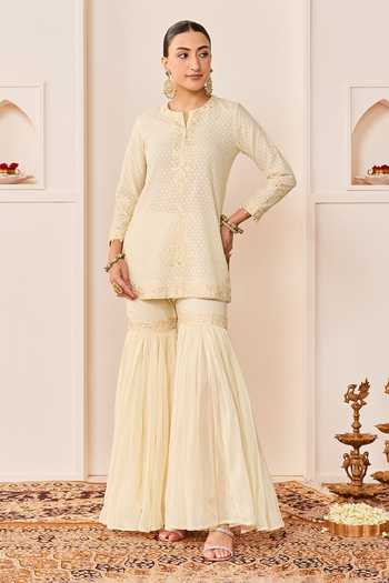 Sheetal Batra_Ivory Chanderi, , Pure Cotton, Organza Yasneen Woven Kurta Gharara Set _at_Aza_Fashions