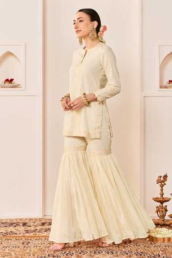 Buy_Sheetal Batra_Ivory Chanderi, , Pure Cotton, Organza Yasneen Woven Kurta Gharara Set 