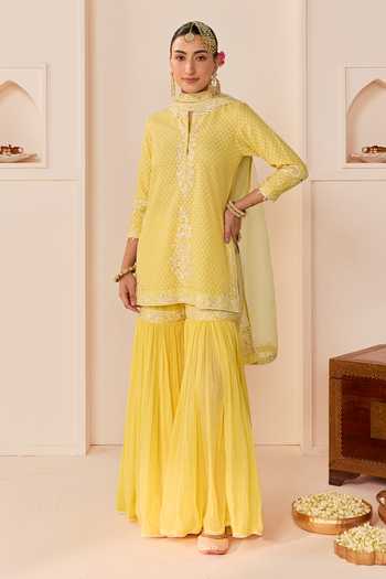 Sheetal Batra Yasneen Lemon Yellow Short Kurta Gharara Set 