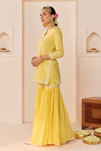 Sheetal Batra Yellow Chanderi , Pure Cotton, Yasneen Lemon Short Kurta Gharara Set Online at Aza Fashions Sheetal Batra_Yellow Chanderi , Pure Cotton, Yasneen Lemon Short Kurta Gharara Set _Online_at_Aza_Fashions