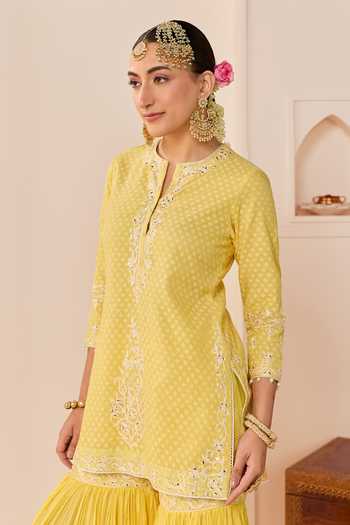 Buy Sheetal Batra Yellow Chanderi , Pure Cotton, Yasneen Lemon Short Kurta Gharara Set Online at Aza Fashions Buy_Sheetal Batra_Yellow Chanderi , Pure Cotton, Yasneen Lemon Short Kurta Gharara Set _Online_at_Aza_Fashions