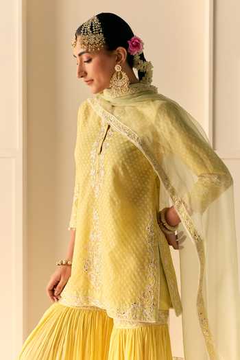 Shop Sheetal Batra Yellow Chanderi , Pure Cotton, Yasneen Lemon Short Kurta Gharara Set Online at Aza Fashions Shop_Sheetal Batra_Yellow Chanderi , Pure Cotton, Yasneen Lemon Short Kurta Gharara Set _Online_at_Aza_Fashions