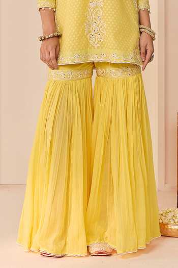 Sheetal Batra Yellow Chanderi , Pure Cotton, Yasneen Lemon Short Kurta Gharara Set at Aza Fashions Sheetal Batra_Yellow Chanderi , Pure Cotton, Yasneen Lemon Short Kurta Gharara Set _at_Aza_Fashions