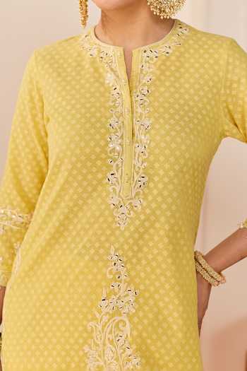 Shop Sheetal Batra Yellow Chanderi , Pure Cotton, Yasneen Lemon Short Kurta Gharara Set Shop_Sheetal Batra_Yellow Chanderi , Pure Cotton, Yasneen Lemon Short Kurta Gharara Set