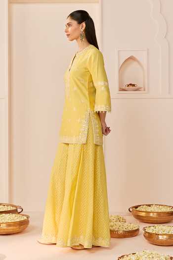 Sheetal Batra_Yellow Chanderi , Organza Round Rehma Lemon Short Kurta Sharara Set _Online_at_Aza_Fashions