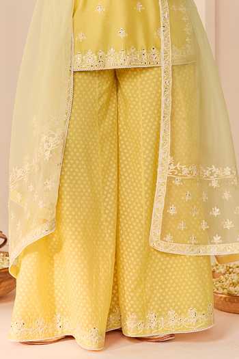 Buy_Sheetal Batra_Yellow Chanderi , Organza Round Rehma Lemon Short Kurta Sharara Set _Online_at_Aza_Fashions