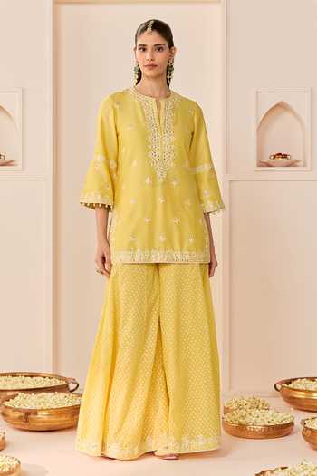 Shop_Sheetal Batra_Yellow Chanderi , Organza Round Rehma Lemon Short Kurta Sharara Set _Online_at_Aza_Fashions