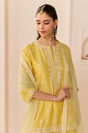 Sheetal Batra_Yellow Chanderi , Organza Round Rehma Lemon Short Kurta Sharara Set _at_Aza_Fashions