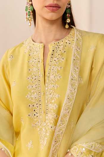 Buy_Sheetal Batra_Yellow Chanderi , Organza Round Rehma Lemon Short Kurta Sharara Set 