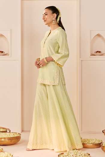 Shop Sheetal Batra Green Chanderi , Organza Round Rehma Mint Short Kurta Sharara Set Online at Aza Fashions Shop_Sheetal Batra_Green Chanderi , Organza Round Rehma Mint Short Kurta Sharara Set _Online_at_Aza_Fashions