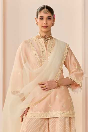 Shop Sheetal Batra Pink Chanderi , Organza Round Rehma Carnation Short Kurta Sharara Set Online at Aza Fashions Shop_Sheetal Batra_Pink Chanderi , Organza Round Rehma Carnation Short Kurta Sharara Set _Online_at_Aza_Fashions