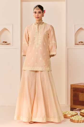 Shop Sheetal Batra Pink Chanderi , Organza Round Rehma Carnation Short Kurta Sharara Set Shop_Sheetal Batra_Pink Chanderi , Organza Round Rehma Carnation Short Kurta Sharara Set