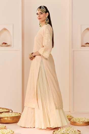 Sheetal Batra_Pink Chanderi Silk, Cotton, Pure Cotton, Ruhani Carnation Long Kurta Skirt Set _Online_at_Aza_Fashions