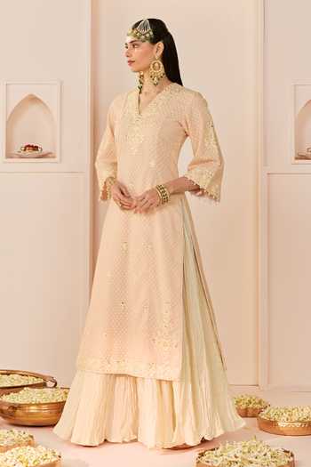Shop_Sheetal Batra_Pink Chanderi Silk, Cotton, Pure Cotton, Ruhani Carnation Long Kurta Skirt Set _Online_at_Aza_Fashions