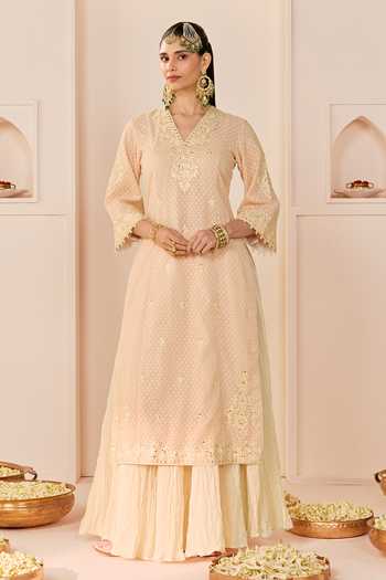 Sheetal Batra_Pink Chanderi Silk, Cotton, Pure Cotton, Ruhani Carnation Long Kurta Skirt Set _at_Aza_Fashions