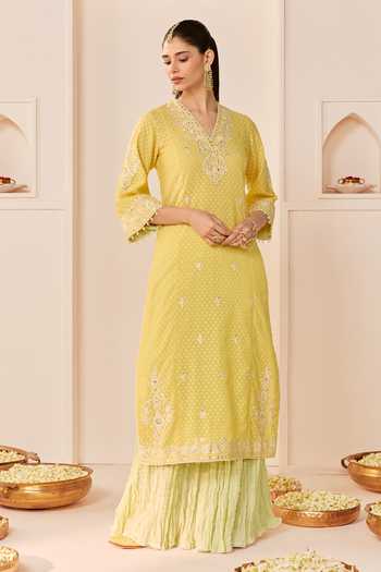 Buy Sheetal Batra Yellow Chanderi , Cotton, Organza Ruhani Lemon Long Kurta Skirt Set Online at Aza Fashions Buy_Sheetal Batra_Yellow Chanderi , Cotton, Organza Ruhani Lemon Long Kurta Skirt Set _Online_at_Aza_Fashions