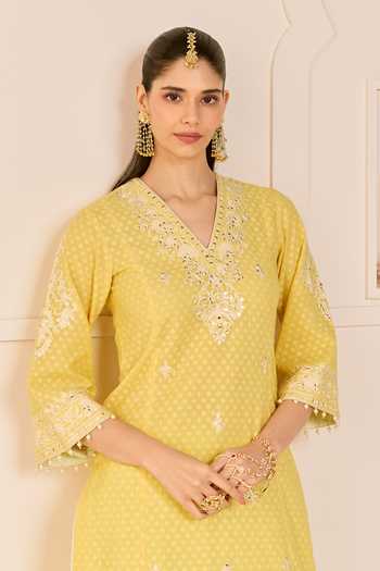 Shop Sheetal Batra Yellow Chanderi , Cotton, Organza Ruhani Lemon Long Kurta Skirt Set Shop_Sheetal Batra_Yellow Chanderi , Cotton, Organza Ruhani Lemon Long Kurta Skirt Set