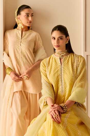 Sheetal Batra Yellow , Chanderi, Cotton, Organza Firdaus Woven Choga Kurta Salwar Set at Aza Fashions Sheetal Batra_Yellow , Chanderi, Cotton, Organza Firdaus Woven Choga Kurta Salwar Set _at_Aza_Fashions