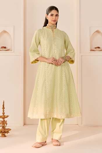 Sheetal Batra Green Chanderi , Cotton, Organza Split Firdaus Woven Anarkali Set at Aza Fashions Sheetal Batra_Green Chanderi , Cotton, Organza Split Firdaus Woven Anarkali Set _at_Aza_Fashions