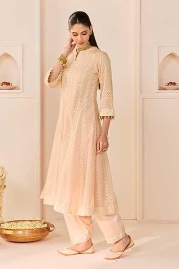 Shop_Sheetal Batra_Pink , Chanderi, Cotton, Organza Firdaus Carnation Choga Kurta Set _Online_at_Aza_Fashions