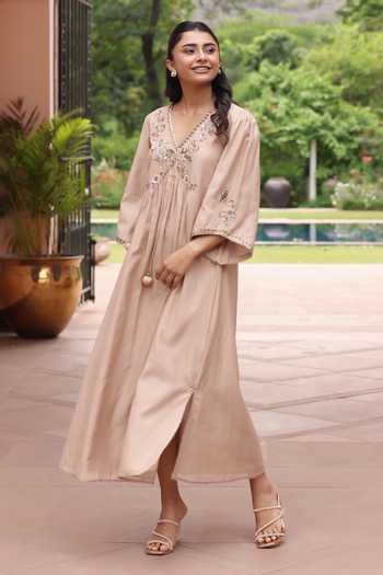 Buy_Summer By Priyanka Gupta_Beige Silk V-neck Noor E Phool Midi Dress _Online_at_Aza_Fashions