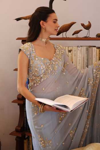 Buy Summer By Priyanka Gupta Blue Chiffon Sweetheart Neck Ice Luna Saree And Blouse Online at Aza Fashions Buy_Summer By Priyanka Gupta_Blue Chiffon Sweetheart Neck Ice Luna Saree And Blouse _Online_at_Aza_Fashions