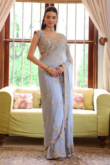 Buy Summer By Priyanka Gupta Blue Chiffon Sweetheart Neck Ice Luna Saree And Blouse at Aza Fashions Buy_Summer By Priyanka Gupta_Blue Chiffon Sweetheart Neck Ice Luna Saree And Blouse _at_Aza_Fashions
