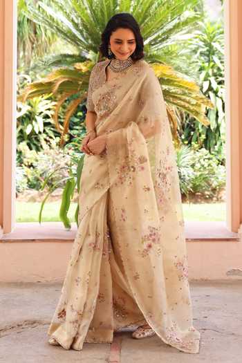 Shop_Summer By Priyanka Gupta_Gold Tissue Round Neck Nafees Saree With Blouse _Online_at_Aza_Fashions
