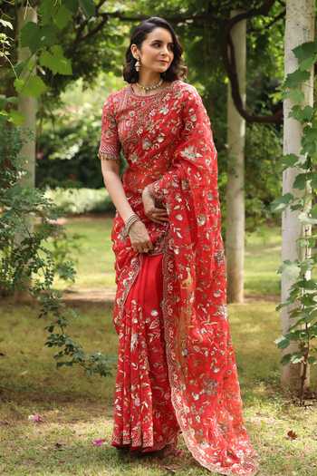 Shop Summer By Priyanka Gupta Red Organza Round Neck Wedding Bloom Saree With Blouse Online at Aza Fashions Shop_Summer By Priyanka Gupta_Red Organza Round Neck Wedding Bloom Saree With Blouse _Online_at_Aza_Fashions