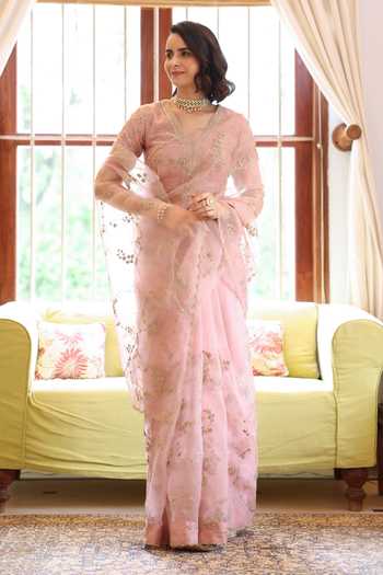 Shop Summer By Priyanka Gupta Pink Organza Round Neck Noor Vrinda Dori Work Saree Set Online at Aza Fashions Shop_Summer By Priyanka Gupta_Pink Organza Round Neck Noor Vrinda Dori Work Saree Set _Online_at_Aza_Fashions