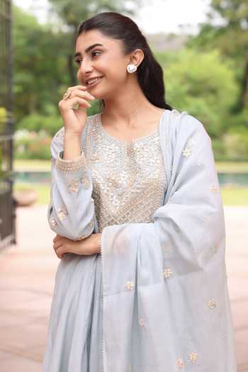 Shop_Summer By Priyanka Gupta_Blue Chanderi Round Neck, Yes Ice Vrinda Yoke Kurta Set _Online_at_Aza_Fashions