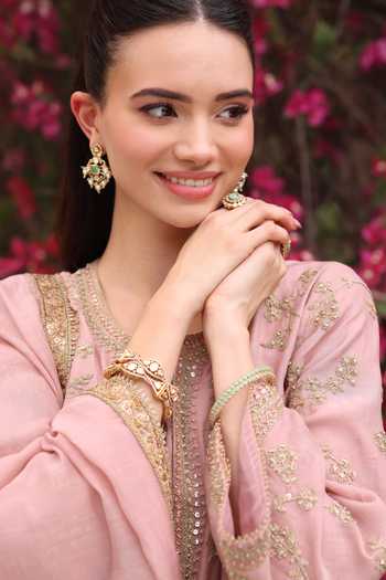 Summer By Priyanka Gupta_Pink Chanderi Round Neck, Yes Vrinda Dori Work Kurta Set _Online_at_Aza_Fashions