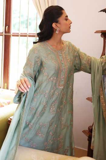 Buy Summer By Priyanka Gupta Teal Chanderi Round Neck Vrinda Dori Kurta Set Online at Aza Fashions Buy_Summer By Priyanka Gupta_Teal Chanderi Round Neck Vrinda Dori Kurta Set _Online_at_Aza_Fashions