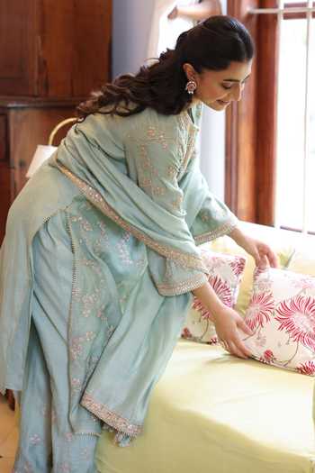 Shop Summer By Priyanka Gupta Teal Chanderi Round Neck Vrinda Dori Kurta Set Online at Aza Fashions Shop_Summer By Priyanka Gupta_Teal Chanderi Round Neck Vrinda Dori Kurta Set _Online_at_Aza_Fashions