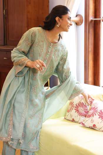 Summer By Priyanka Gupta Teal Chanderi Round Neck Vrinda Dori Kurta Set at Aza Fashions Summer By Priyanka Gupta_Teal Chanderi Round Neck Vrinda Dori Kurta Set _at_Aza_Fashions