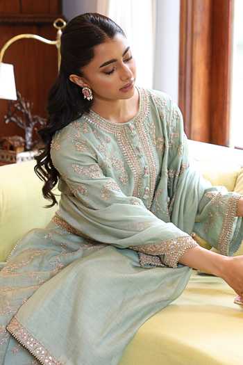 Buy Summer By Priyanka Gupta Teal Chanderi Round Neck Vrinda Dori Kurta Set Buy_Summer By Priyanka Gupta_Teal Chanderi Round Neck Vrinda Dori Kurta Set
