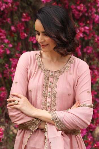 Summer By Priyanka Gupta_Pink Chanderi Round Neck, Yes Gul Sadaf Mul Anarkali Set _Online_at_Aza_Fashions