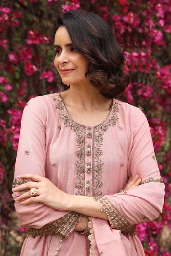 Buy_Summer By Priyanka Gupta_Pink Chanderi Round Neck, Yes Gul Sadaf Mul Anarkali Set _Online_at_Aza_Fashions