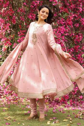 Shop_Summer By Priyanka Gupta_Pink Chanderi Round Neck, Yes Gul Sadaf Mul Anarkali Set _Online_at_Aza_Fashions