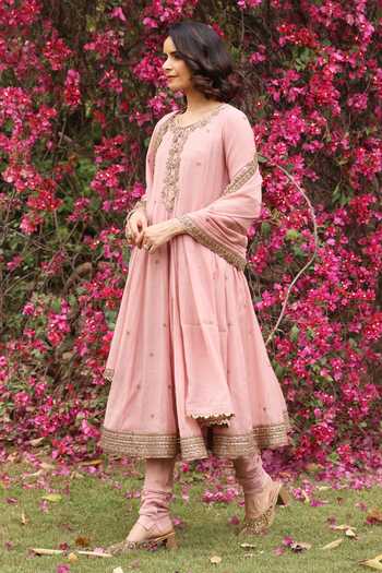 Shop_Summer By Priyanka Gupta_Pink Chanderi Round Neck, Yes Gul Sadaf Mul Anarkali Set 