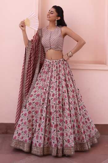 Shop_Summer By Priyanka Gupta_Beige Chanderi Round Neck Noor E Summer Printed Lehenga Set _Online_at_Aza_Fashions
