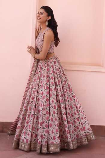 Summer By Priyanka Gupta_Beige Chanderi Round Neck Noor E Summer Printed Lehenga Set _at_Aza_Fashions