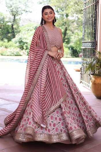 Buy_Summer By Priyanka Gupta_Beige Chanderi Round Neck Noor E Summer Printed Lehenga Set 